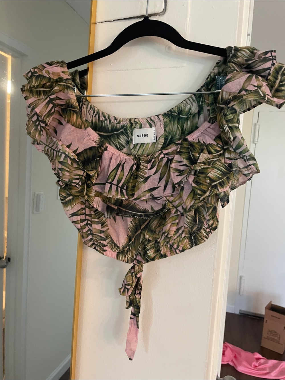 SUBOO Pink Tropical Tie-Front Ruffle Crop Top
